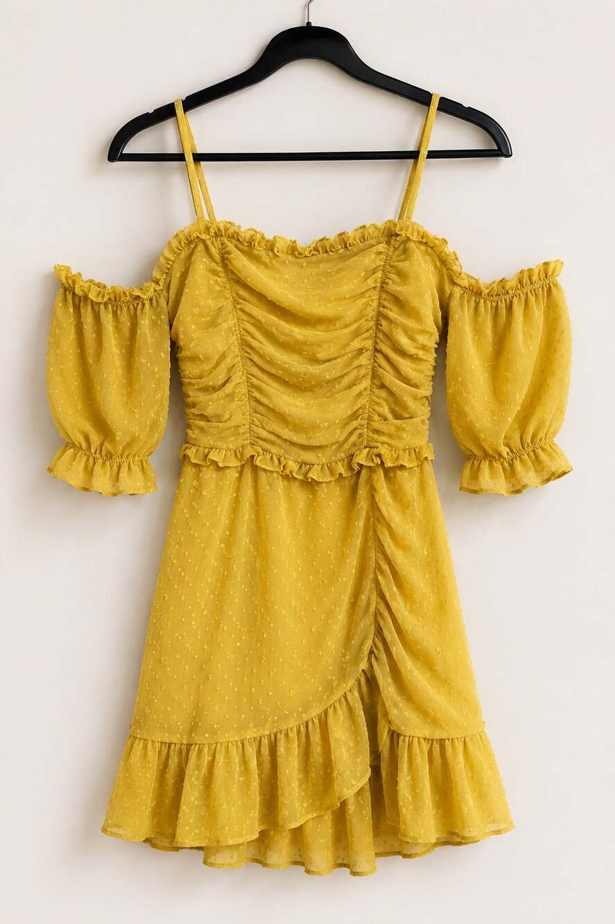 TOBI Chartreuse Ruched Off Shoulder Ruffle Mini Dress XS/S Cottagecore Fairycore